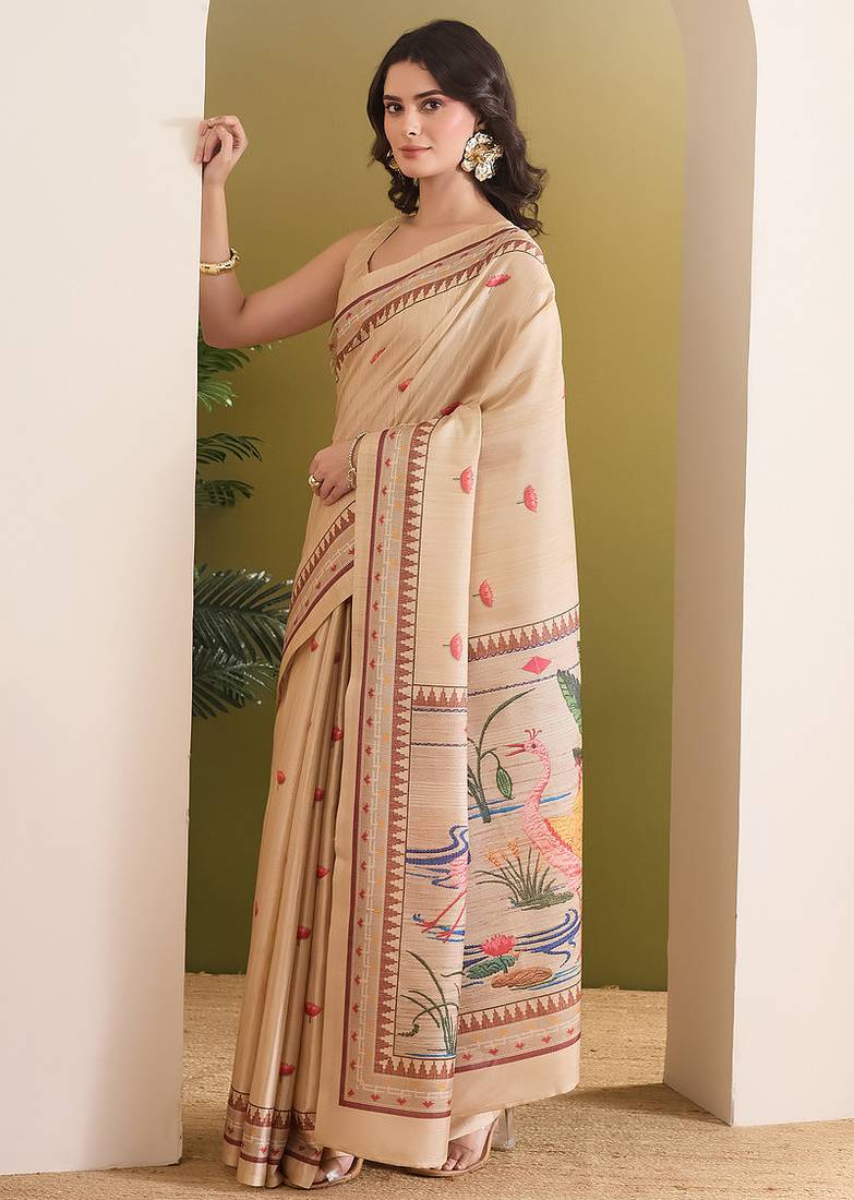 Flamingo & floral printed silk blend ready to wear saree
