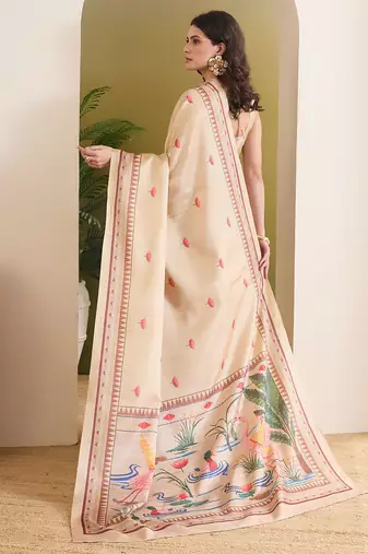 Flamingo & floral printed silk blend ready to wear saree