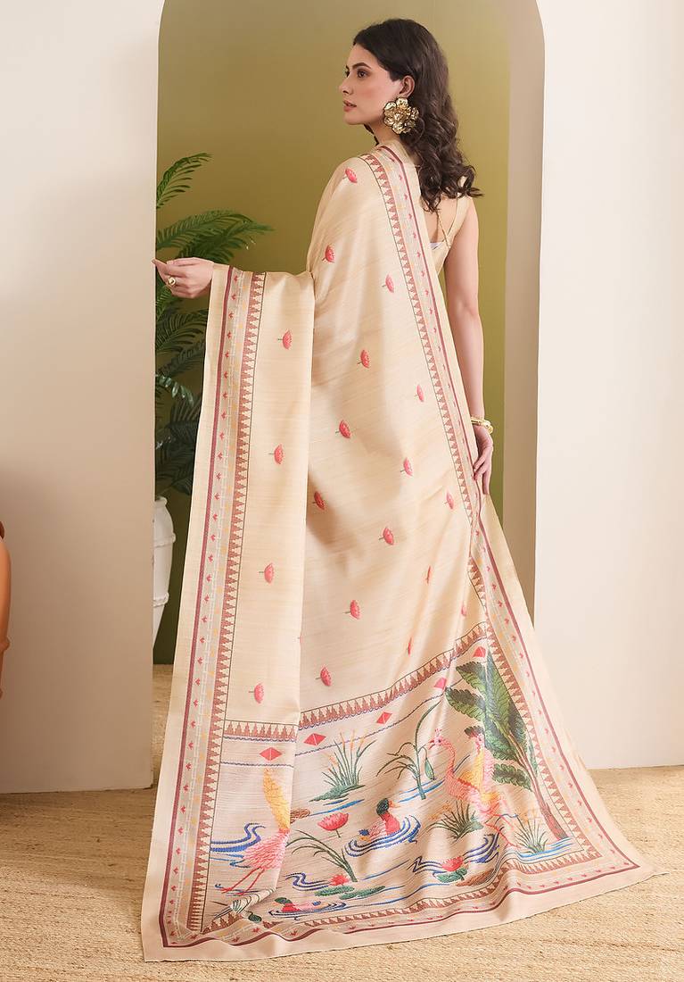 Flamingo & floral printed silk blend ready to wear saree
