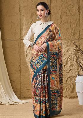 Silk madhubani printed pre-draped saree 1