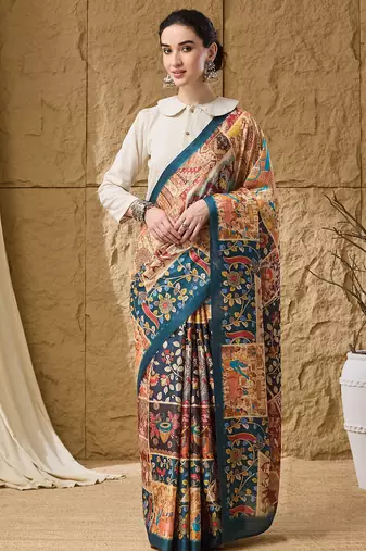 Silk madhubani printed pre-draped saree