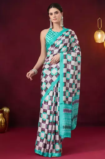 Checked printed satin ready to wear saree
