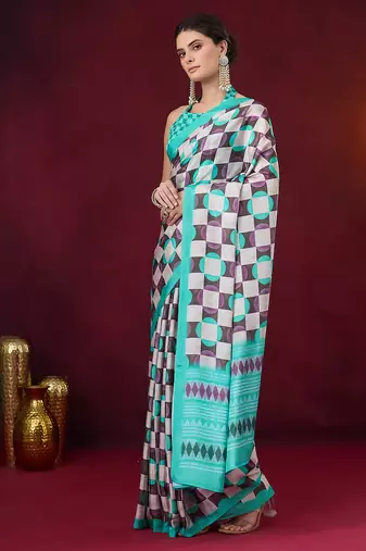 Checked printed satin ready to wear saree