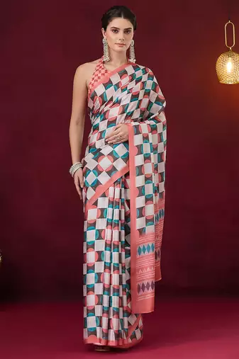 Checked printed satin ready to wear saree