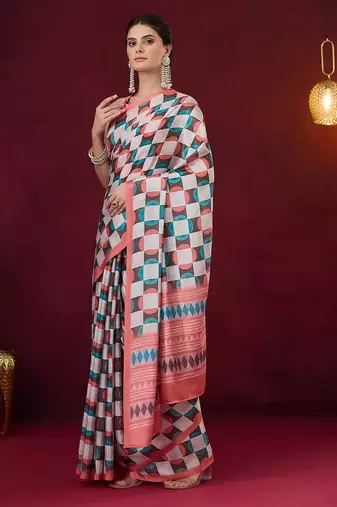 Checked printed satin ready to wear saree