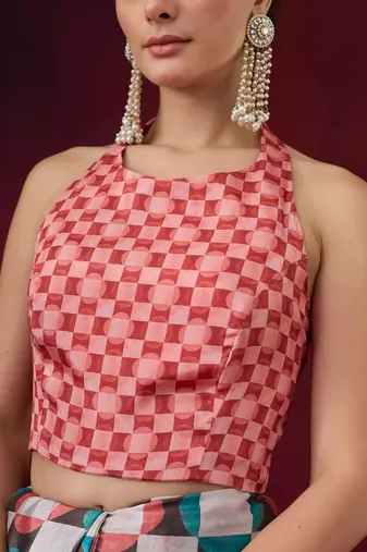 Checked printed satin ready to wear saree
