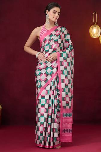 Checked printed satin ready to wear saree
