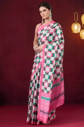 Checked printed satin ready to wear saree