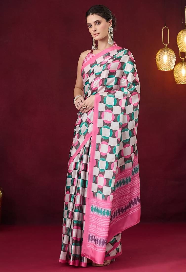 Checked printed satin ready to wear saree