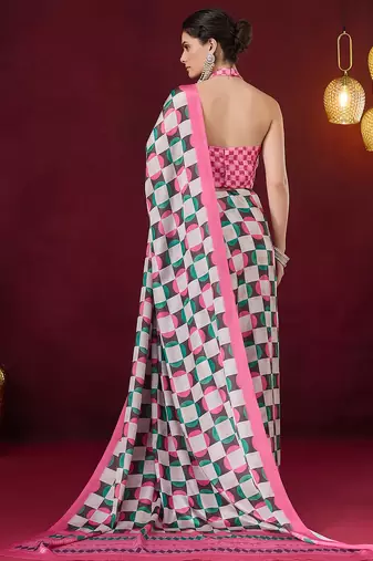 Checked printed satin ready to wear saree