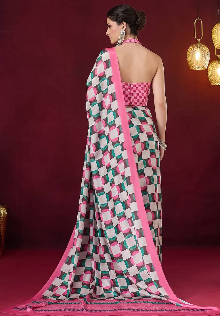 Checked printed satin ready to wear saree