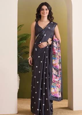 Satin quirky printed pre-draped saree 1