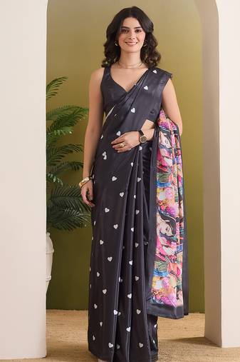 Satin quirky printed pre-draped saree
