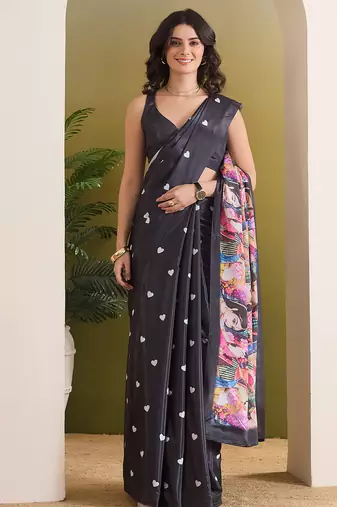 Satin quirky printed pre-draped saree