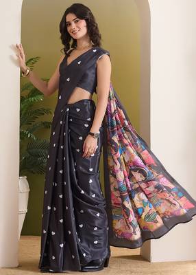Satin quirky printed pre-draped saree 2