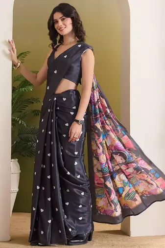 Satin quirky printed pre-draped saree