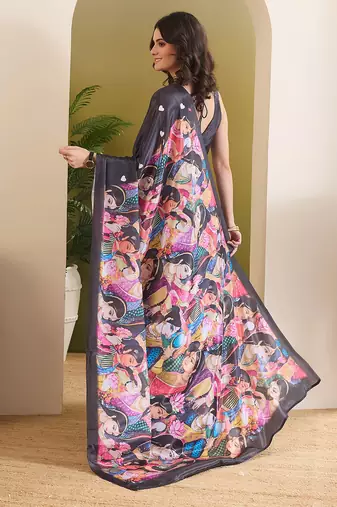 Satin quirky printed pre-draped saree