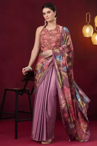 Floral printed satin ready to wear saree