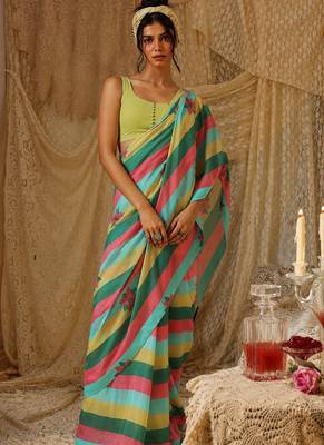 Floral striped print satin ready to wear saree 1
