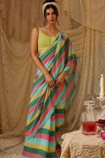 Floral striped print satin ready to wear saree