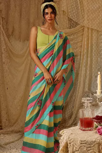 Floral striped print satin ready to wear saree