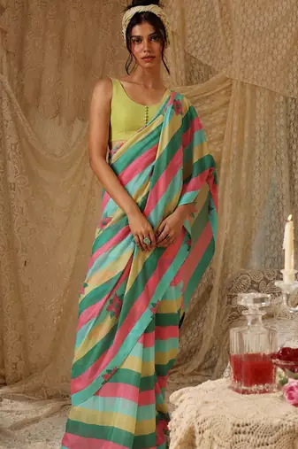 Floral striped print satin ready to wear saree