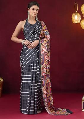Satin quirky striped printed pre-draped saree 1