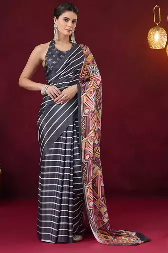 Satin quirky striped printed pre-draped saree