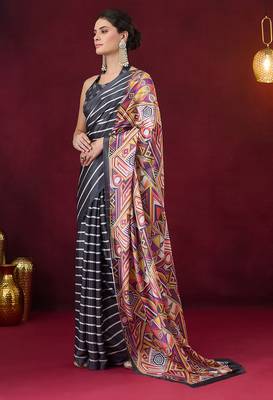 Satin quirky striped printed pre-draped saree 2