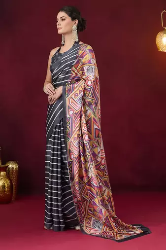 Satin quirky striped printed pre-draped saree