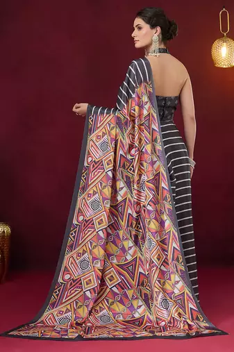 Satin quirky striped printed pre-draped saree