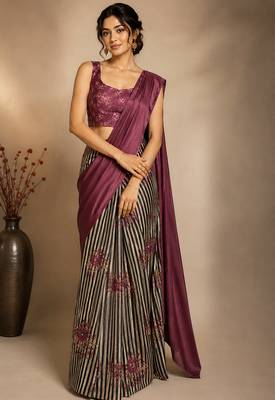 Floral striped print satin ready to wear saree 1