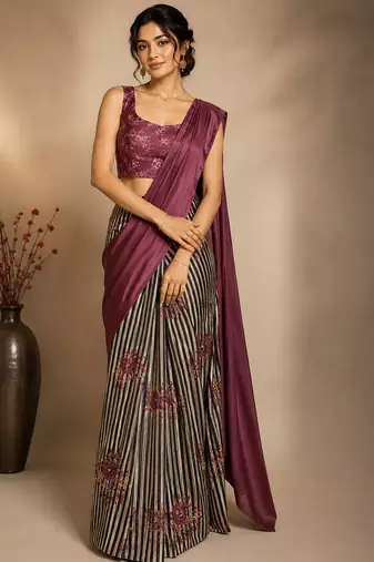 Floral striped print satin ready to wear saree