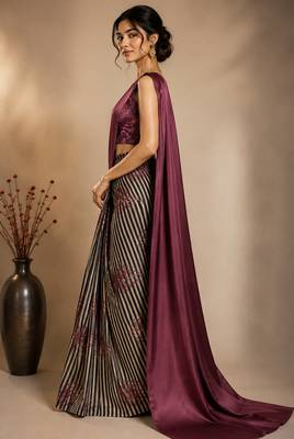 Floral striped print satin ready to wear saree 2
