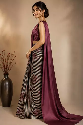 Floral striped print satin ready to wear saree