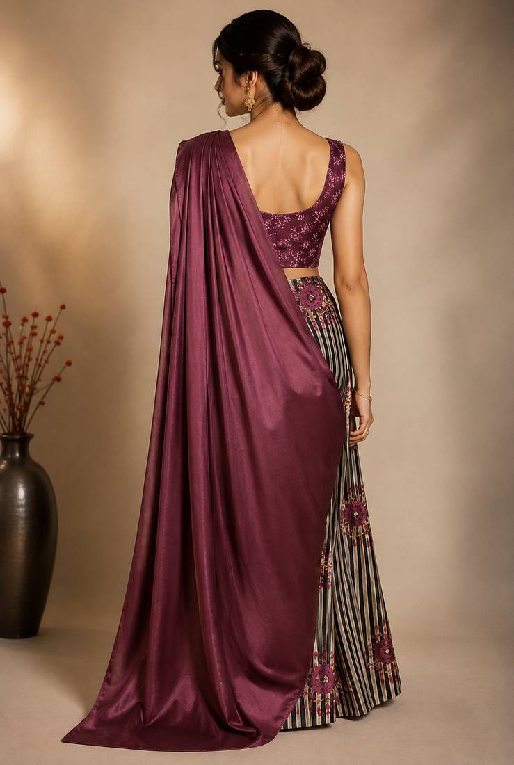 Floral striped print satin ready to wear saree