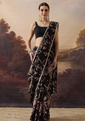 Pure crepe floral printed ari work pre-draped saree 1