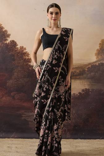 Pure crepe floral printed ari work pre-draped saree