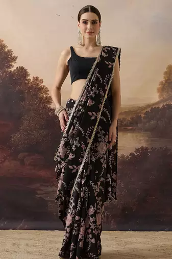 Pure crepe floral printed ari work pre-draped saree