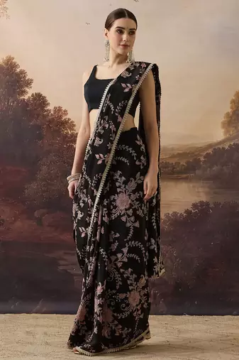 Pure crepe floral printed ari work pre-draped saree