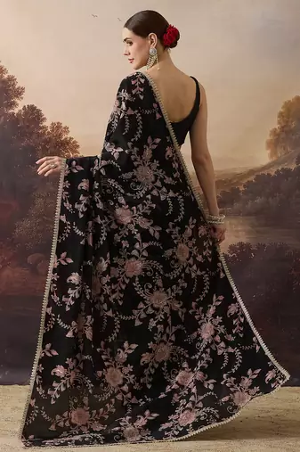 Pure crepe floral printed ari work pre-draped saree