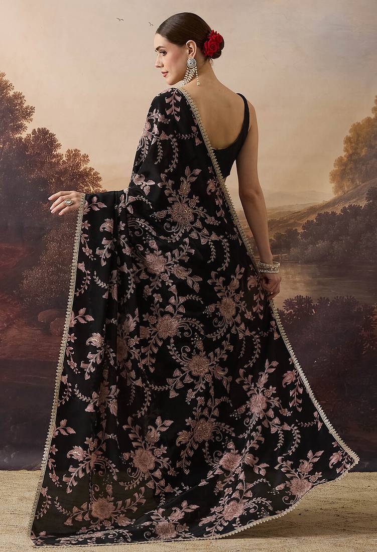Pure crepe floral printed ari work pre-draped saree