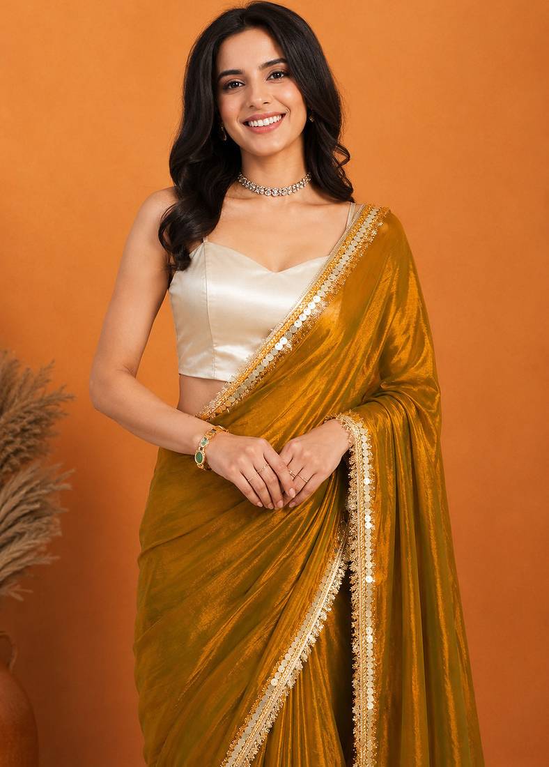 Chiffon coin sequin fringe lace pre-draped saree