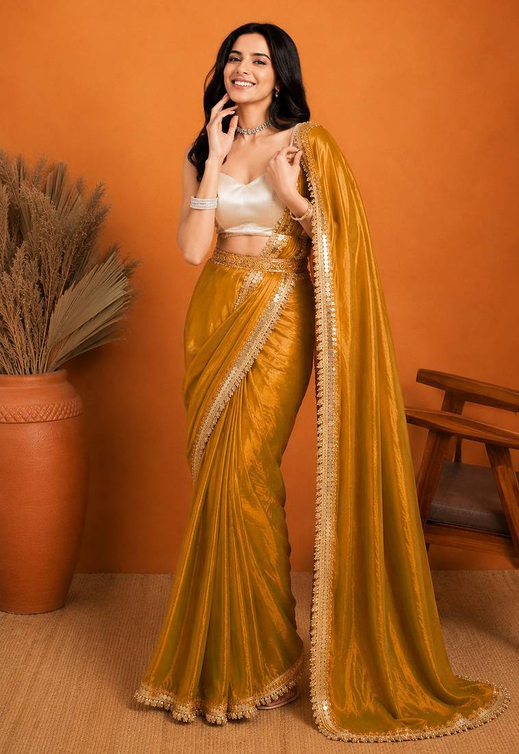 Chiffon coin sequin fringe lace pre-draped saree