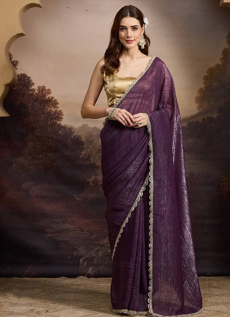 Purple pure georgette solid ready to wear saree