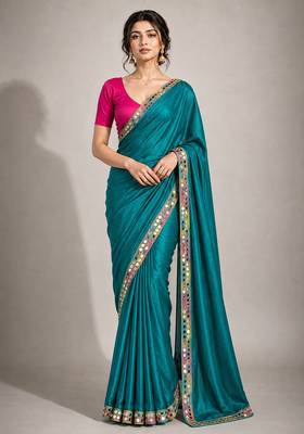 Rama green satin embellished ready to wear saree 1