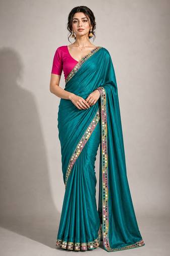 Rama green satin embellished ready to wear saree