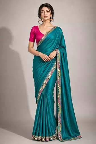 Rama green satin embellished ready to wear saree