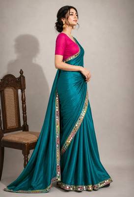 Rama green satin embellished ready to wear saree 2