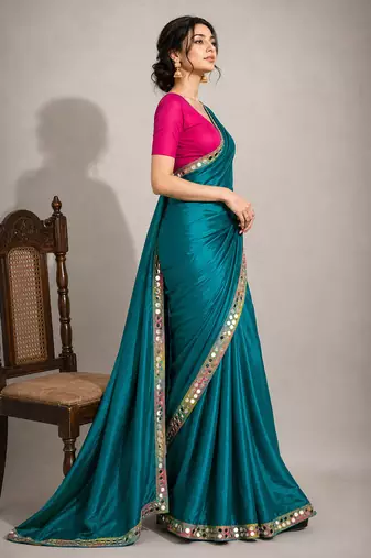 Rama green satin embellished ready to wear saree